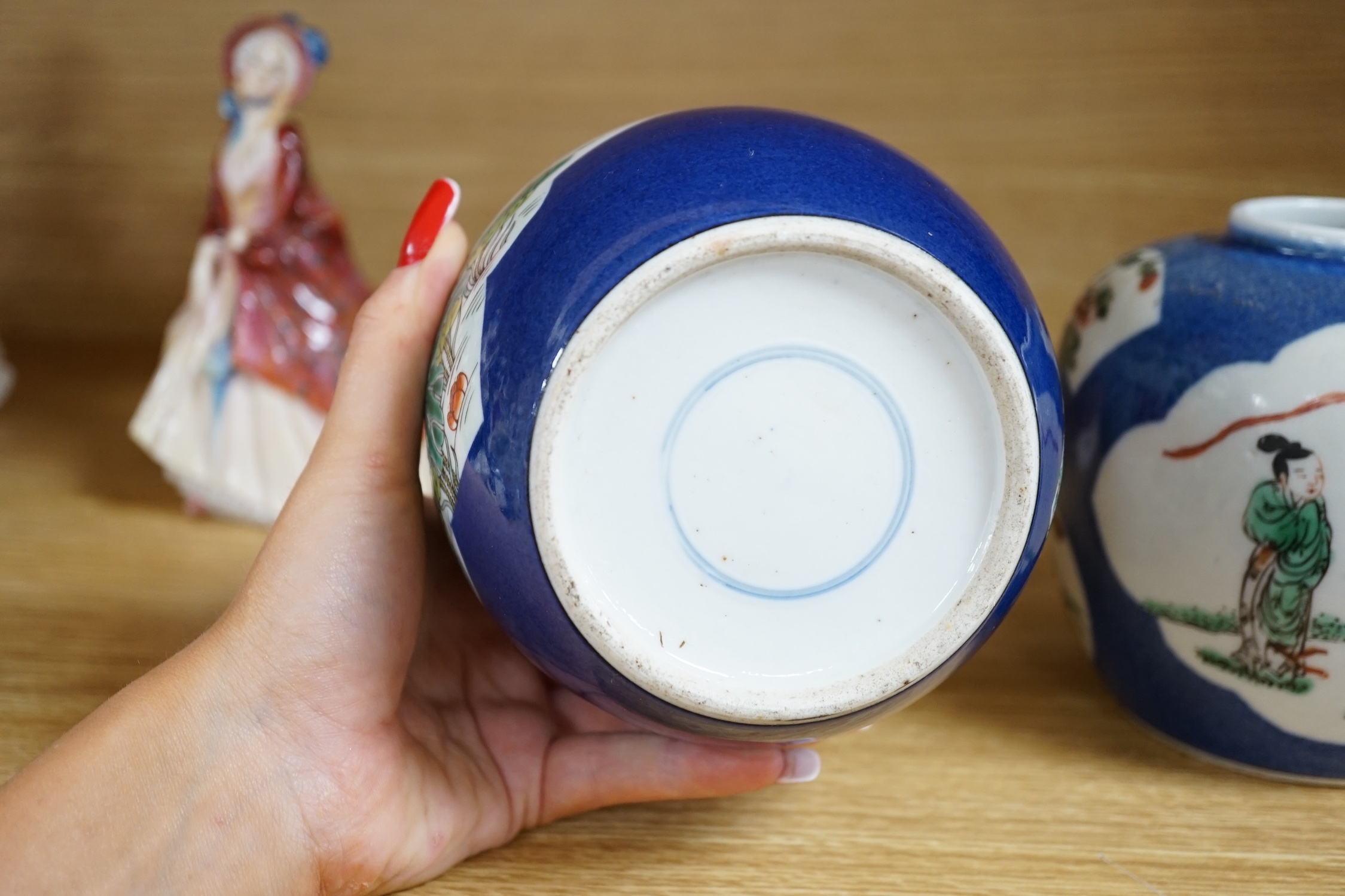 Two Chinese famille verte powder blue jars, early 20th century, 13cm high